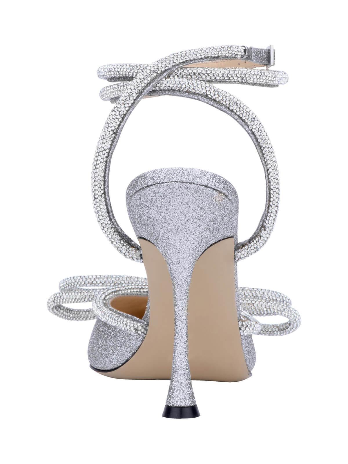 Laila Bow Crystal Satin Heels In Silver