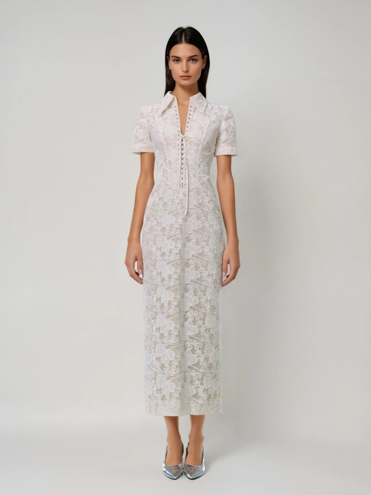 Landaura Folded Collar Lace Up Floral Maxi Dress