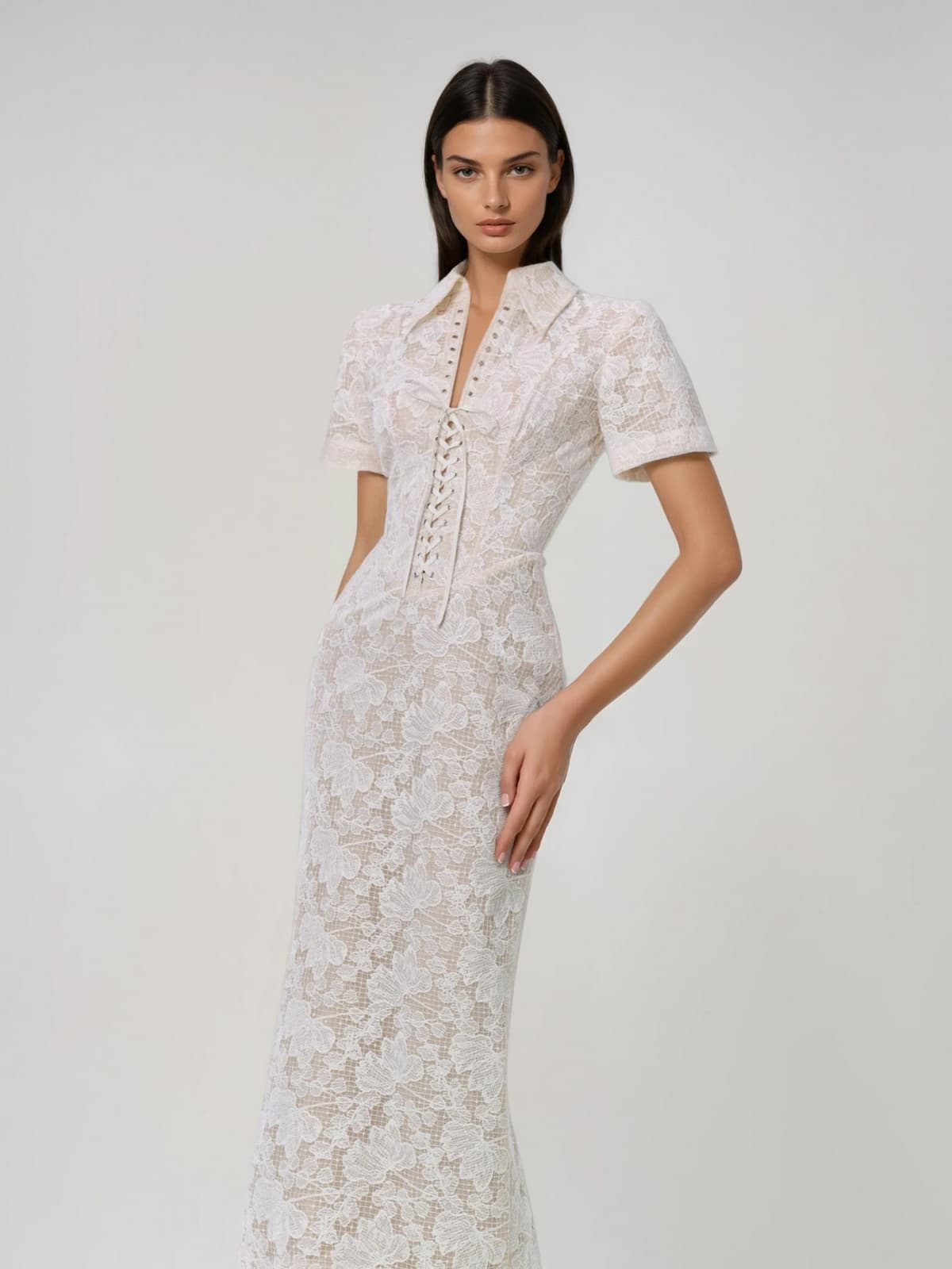 Landaura Folded Collar Lace Up Floral Maxi Dress