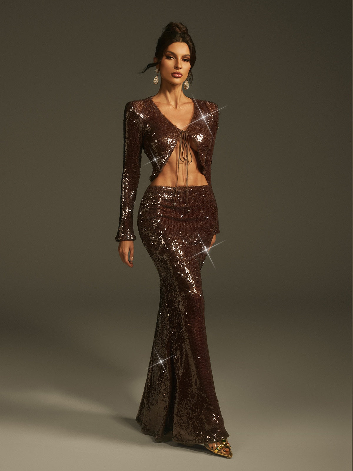 Laraib Sequin Skirt Set In Coffee