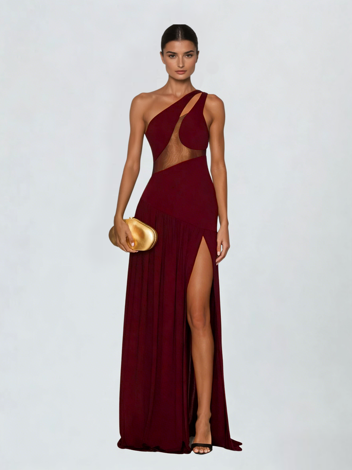 Lateefah One Shoulder Split Maxi Dress In Wine