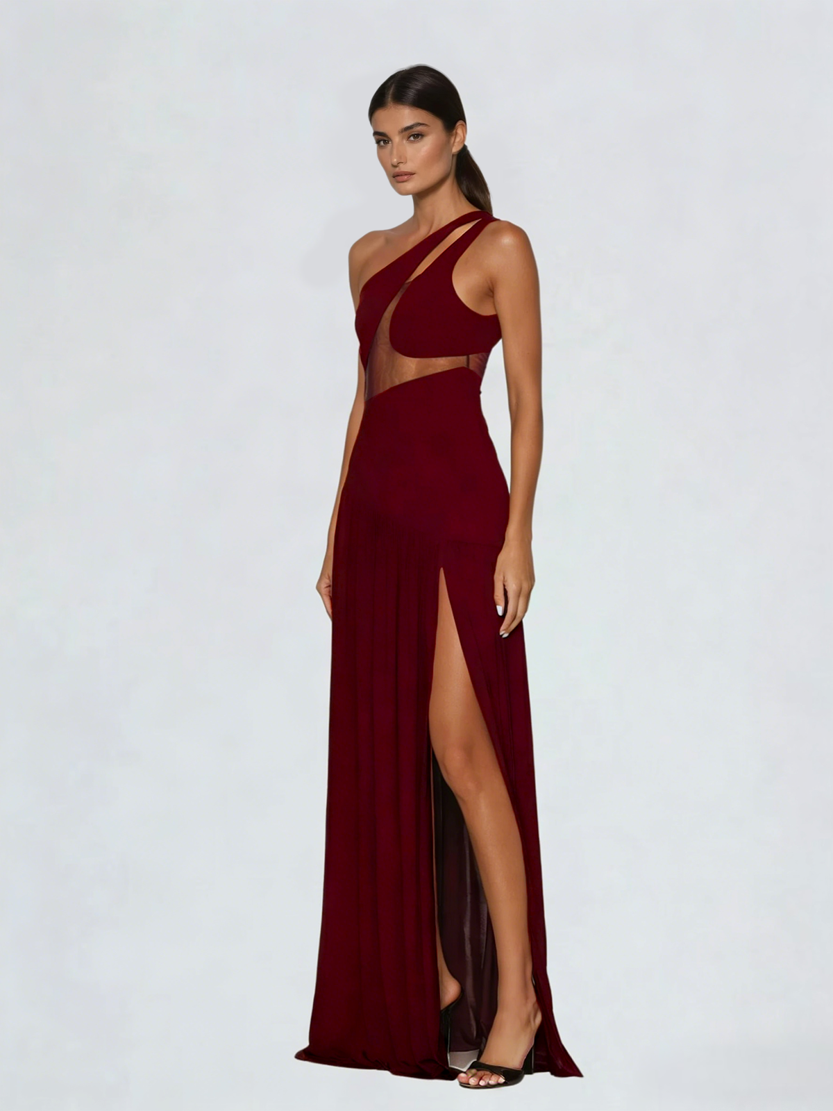Lateefah One Shoulder Split Maxi Dress In Wine