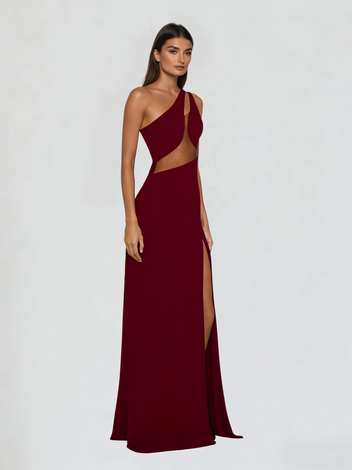 Lateefah One Shoulder Split Maxi Dress In Wine