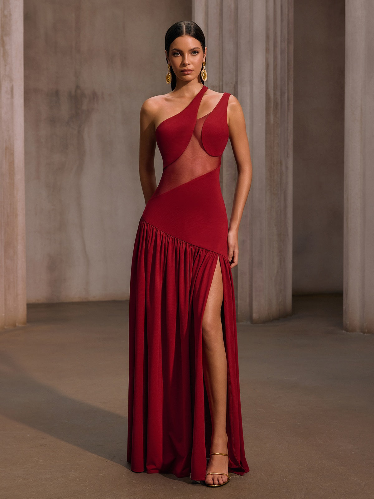Lateefah One Shoulder Split Maxi Dress In Wine