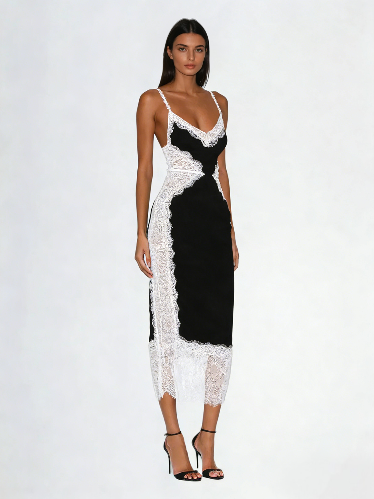 Latham Spaghetti Lace Midi Dress In Black