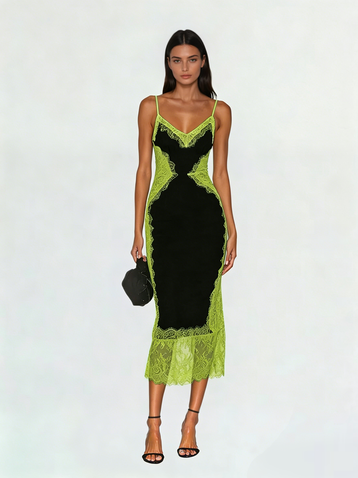 Latham Spaghetti Lace Midi Dress In Black & Chartreuse