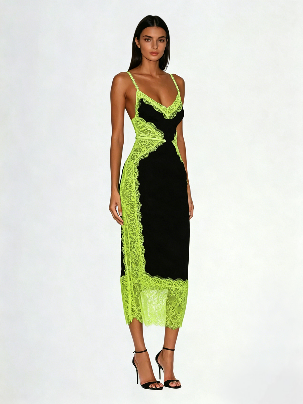 Latham Spaghetti Lace Midi Dress In Black & Chartreuse