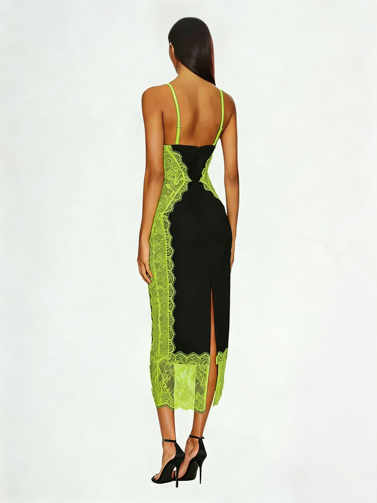 Latham Spaghetti Lace Midi Dress In Black & Chartreuse