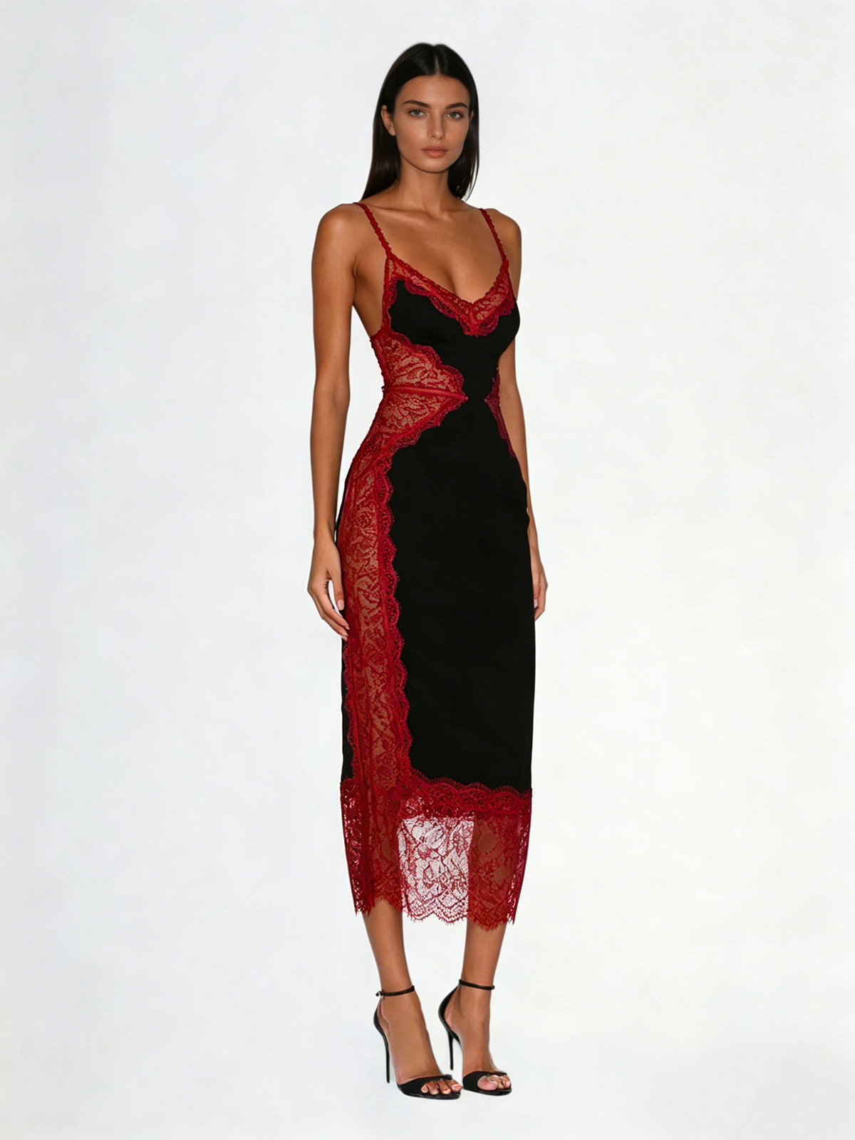 Latham Spaghetti Lace Midi Dress In Black & Wine