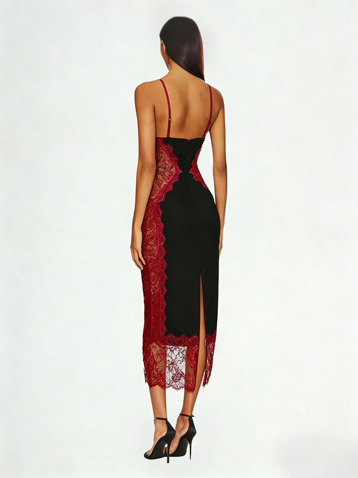 Latham Spaghetti Lace Midi Dress In Black & Wine