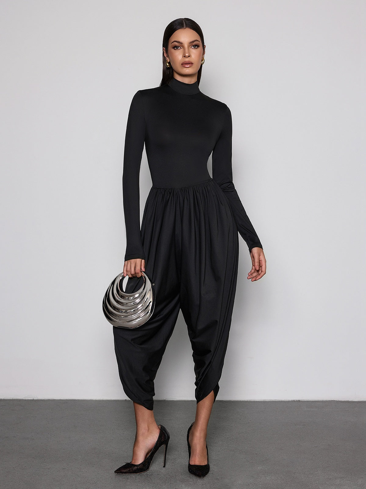 Laurien Long Sleeve Ruched Jumpsuit In Black