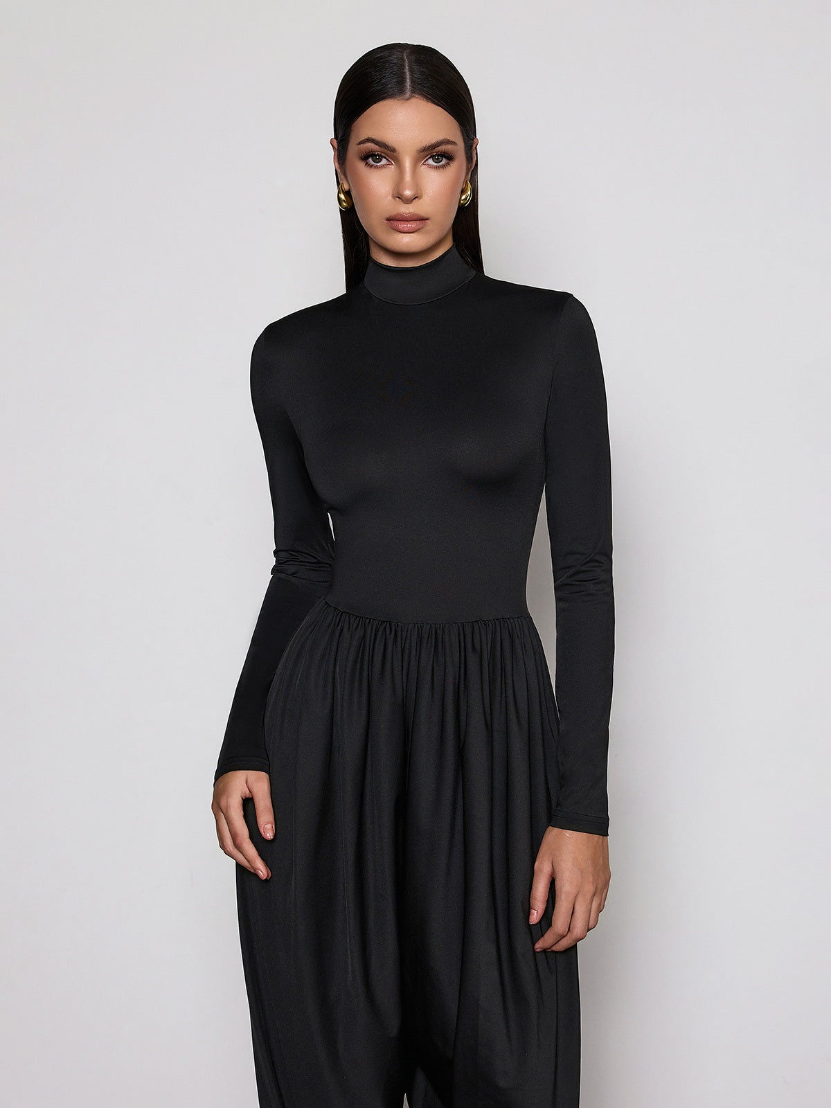 Laurien Long Sleeve Ruched Jumpsuit In Black