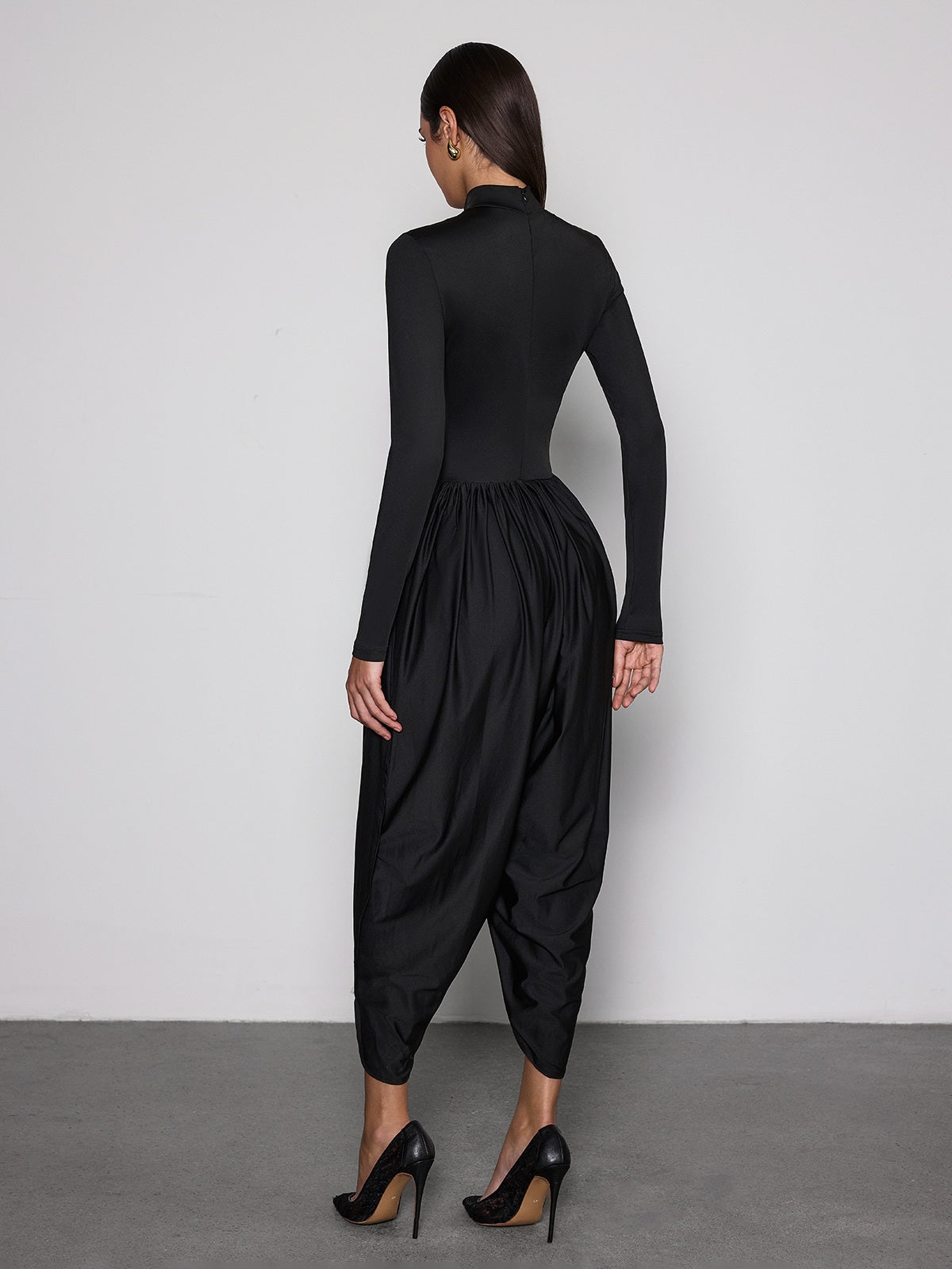Laurien Long Sleeve Ruched Jumpsuit In Black