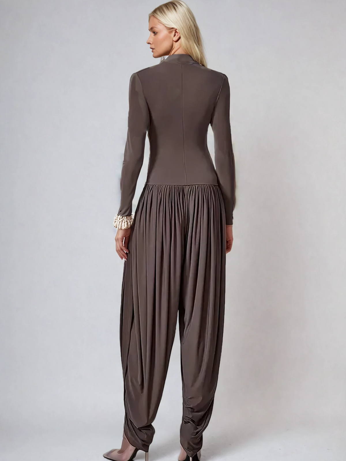 Laurien Long Sleeve Ruched Jumpsuit In Coffee