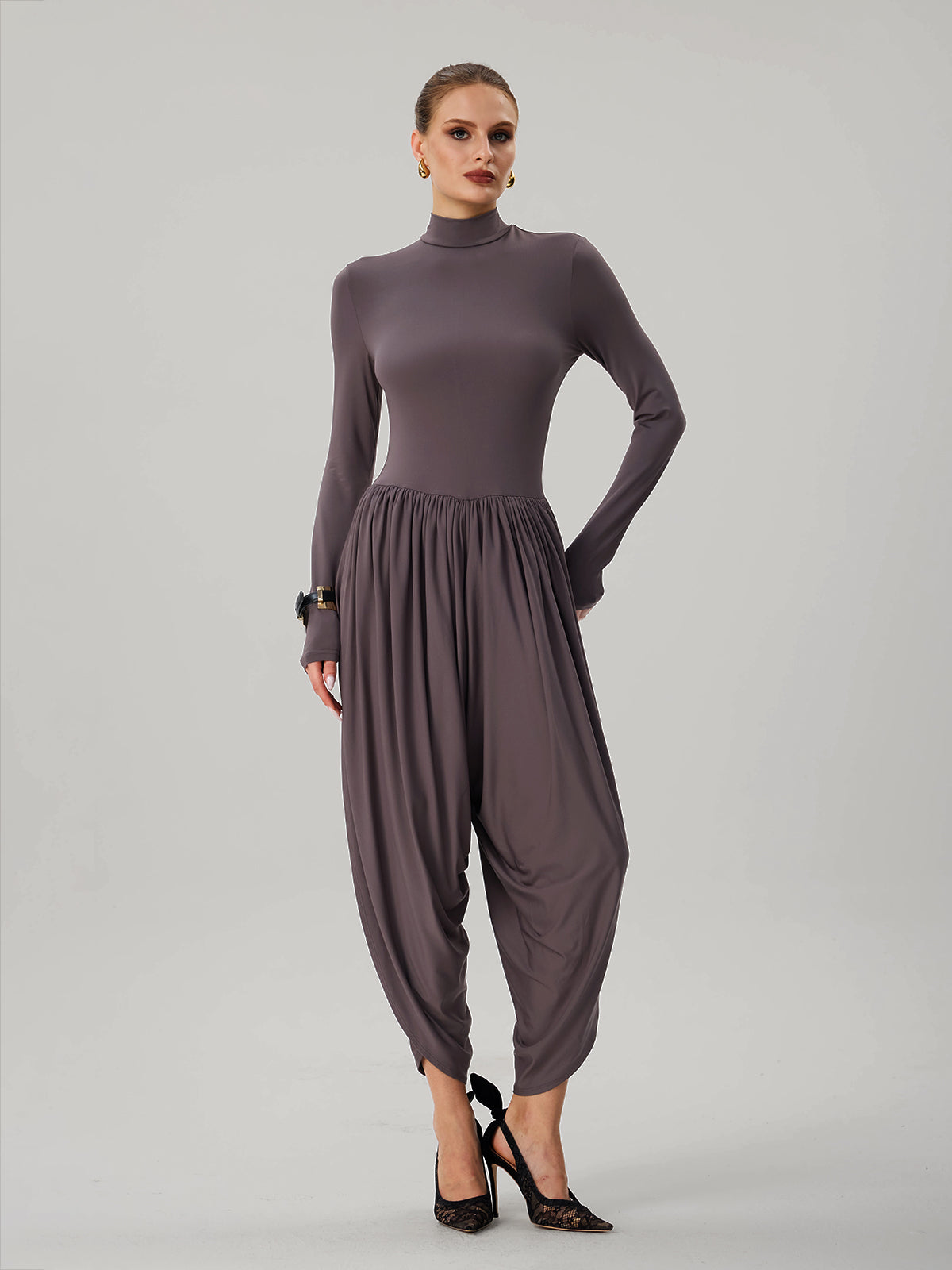 Laurien Long Sleeve Ruched Jumpsuit In Grey