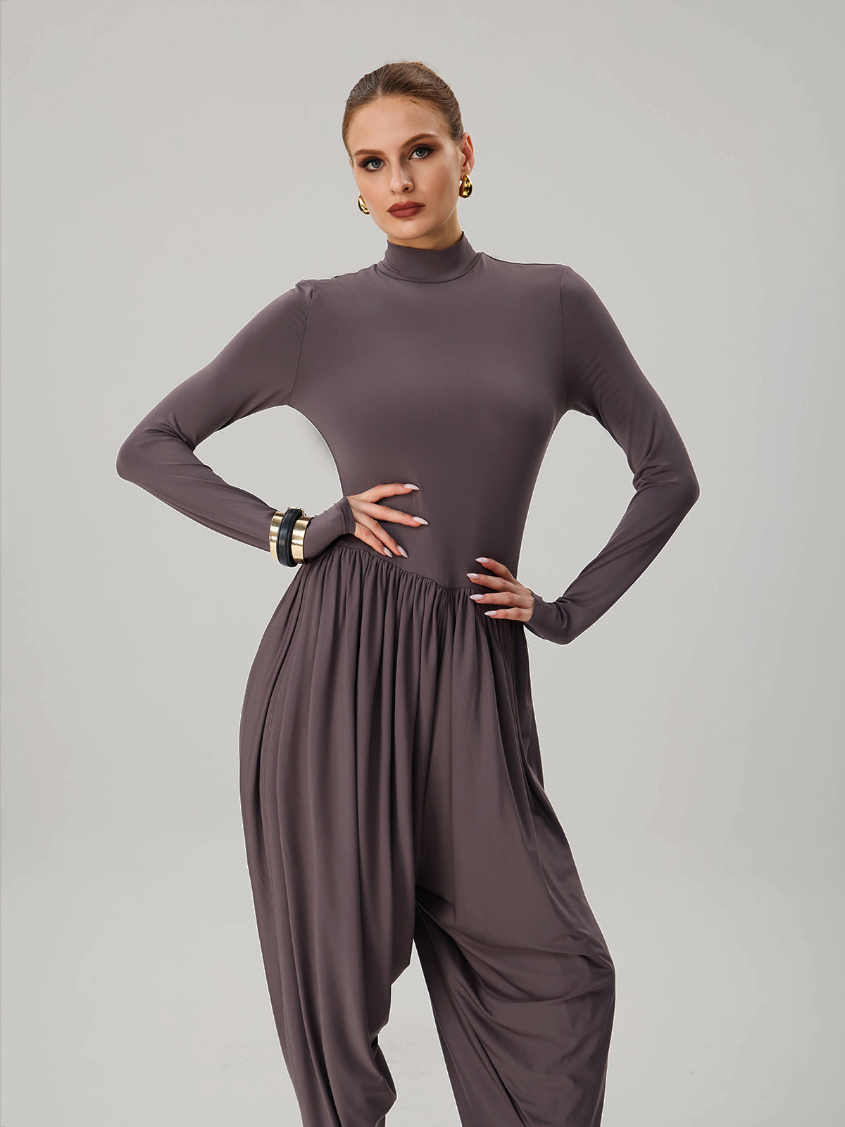 Laurien Long Sleeve Ruched Jumpsuit In Grey