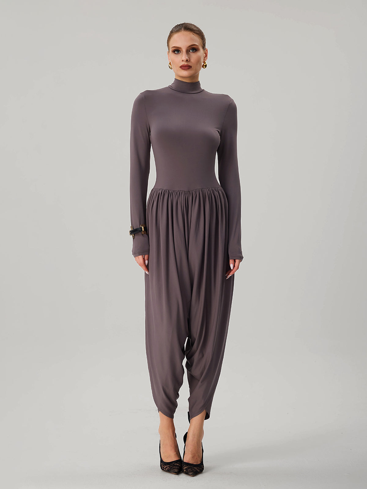 Laurien Long Sleeve Ruched Jumpsuit In Grey