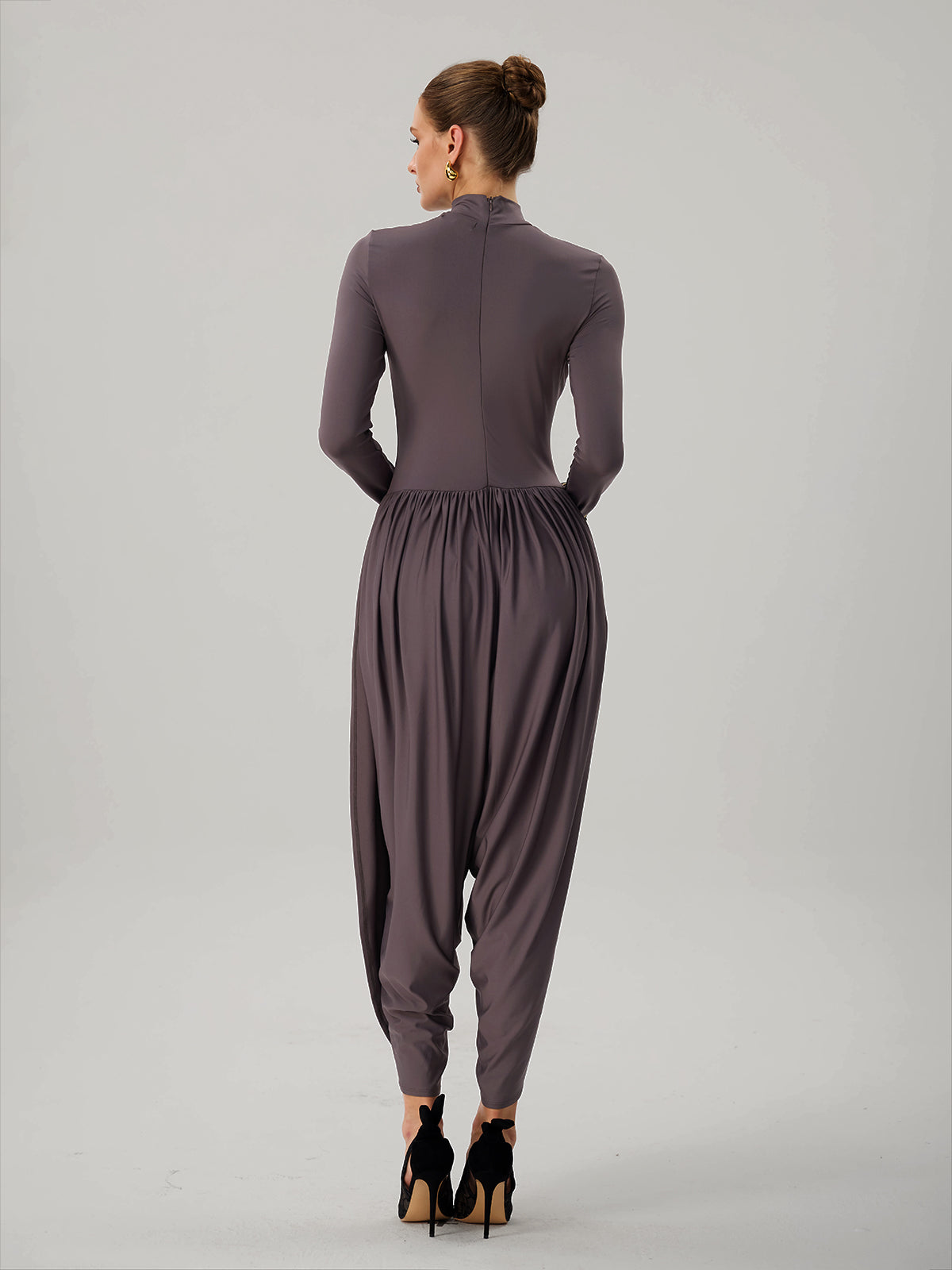 Laurien Long Sleeve Ruched Jumpsuit In Grey