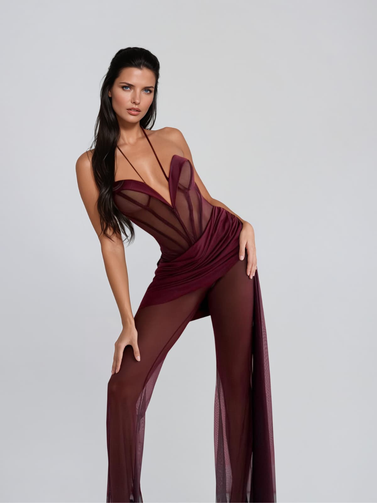 Lavryn Halterneck Mesh Draped Jumpsuit In Wine