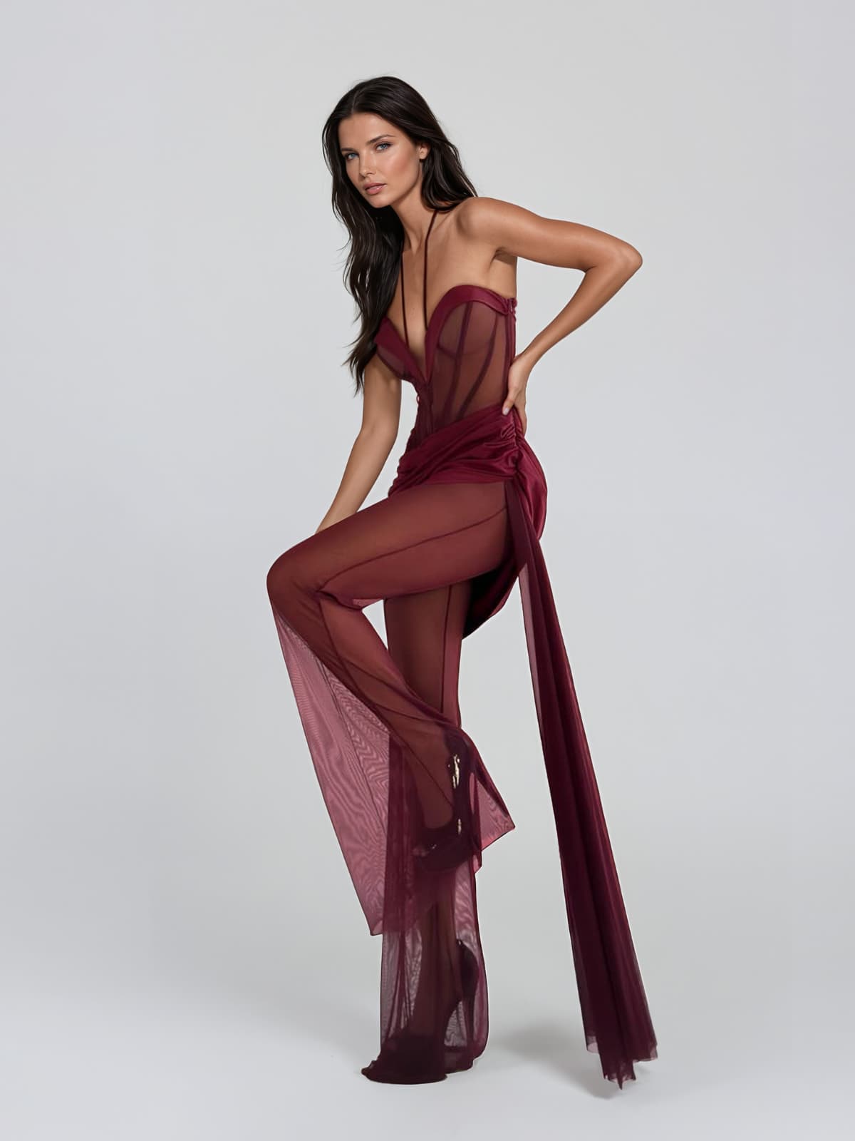 Lavryn Halterneck Mesh Draped Jumpsuit In Wine