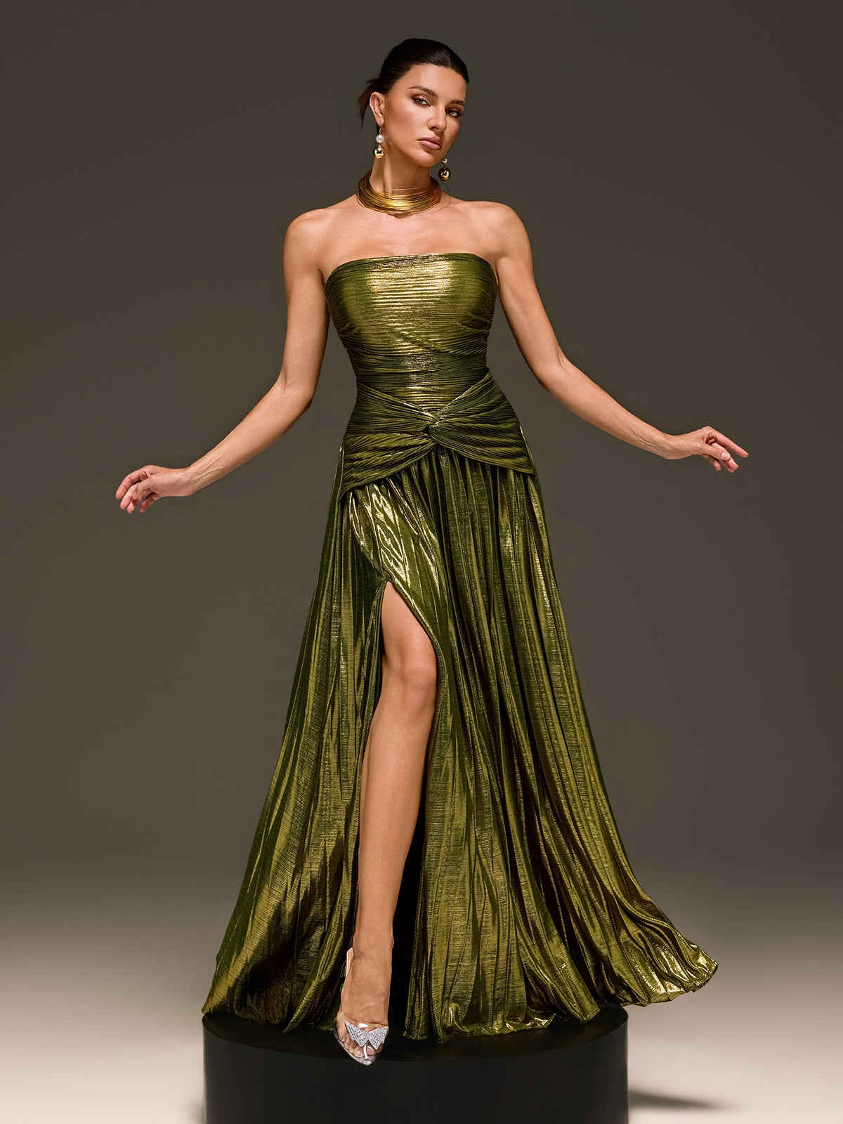Laxory Strapless Pleated Metallic Maxi Dress In Gold