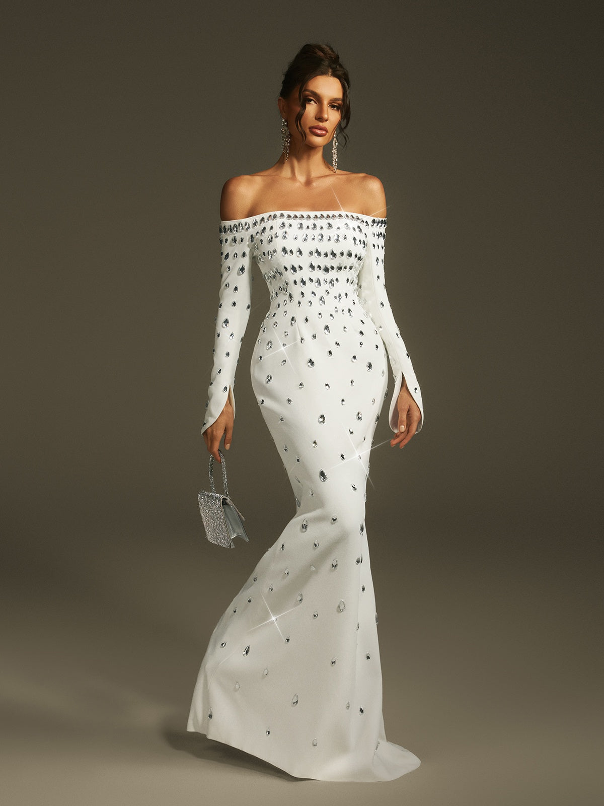 Leehi Off Shoulder Crystal Maxi Dress