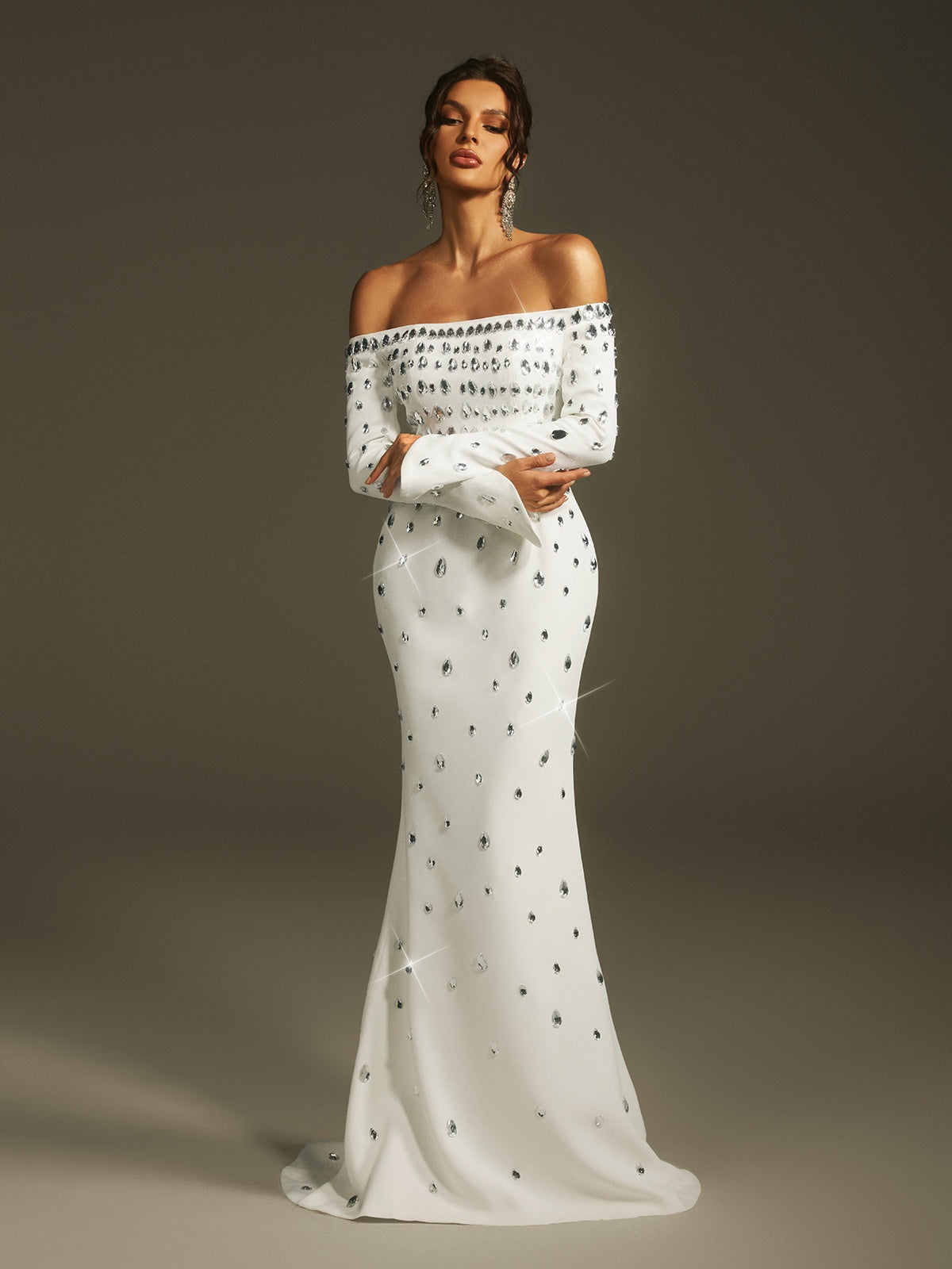 Leehi Off Shoulder Crystal Maxi Dress