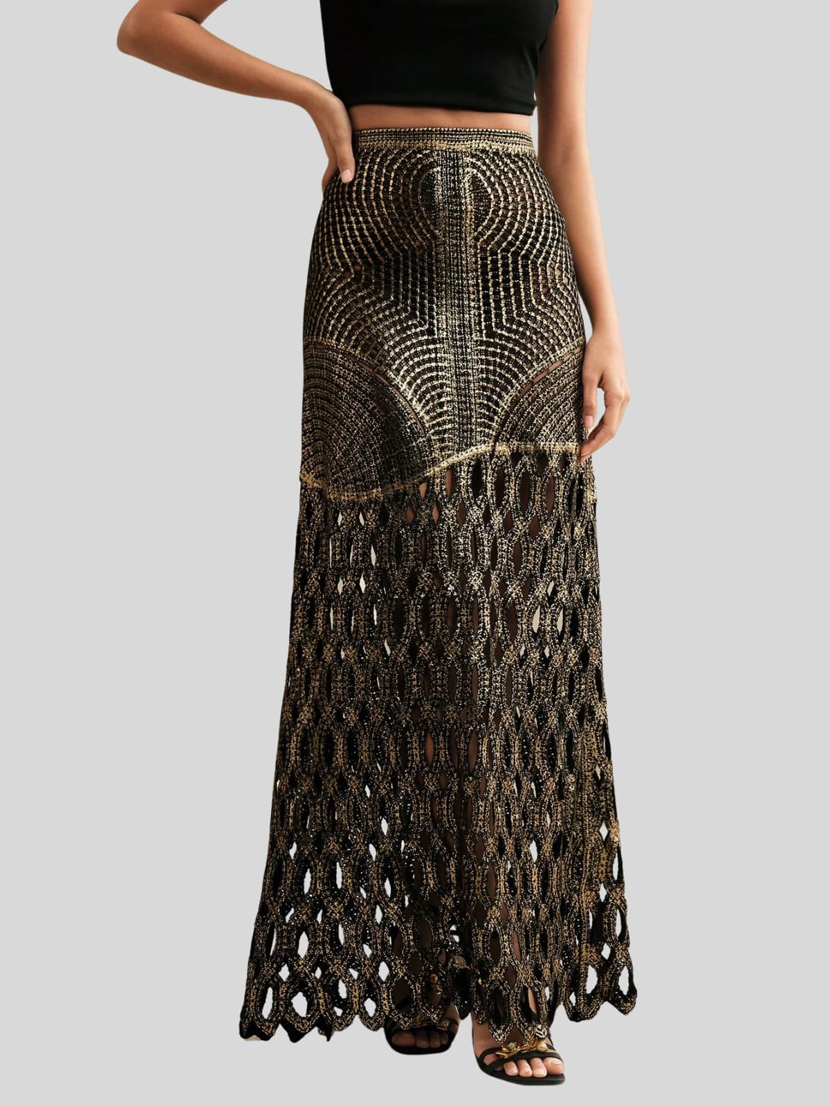 Leldrin Cutout Metallic Skirt In Black & Gold