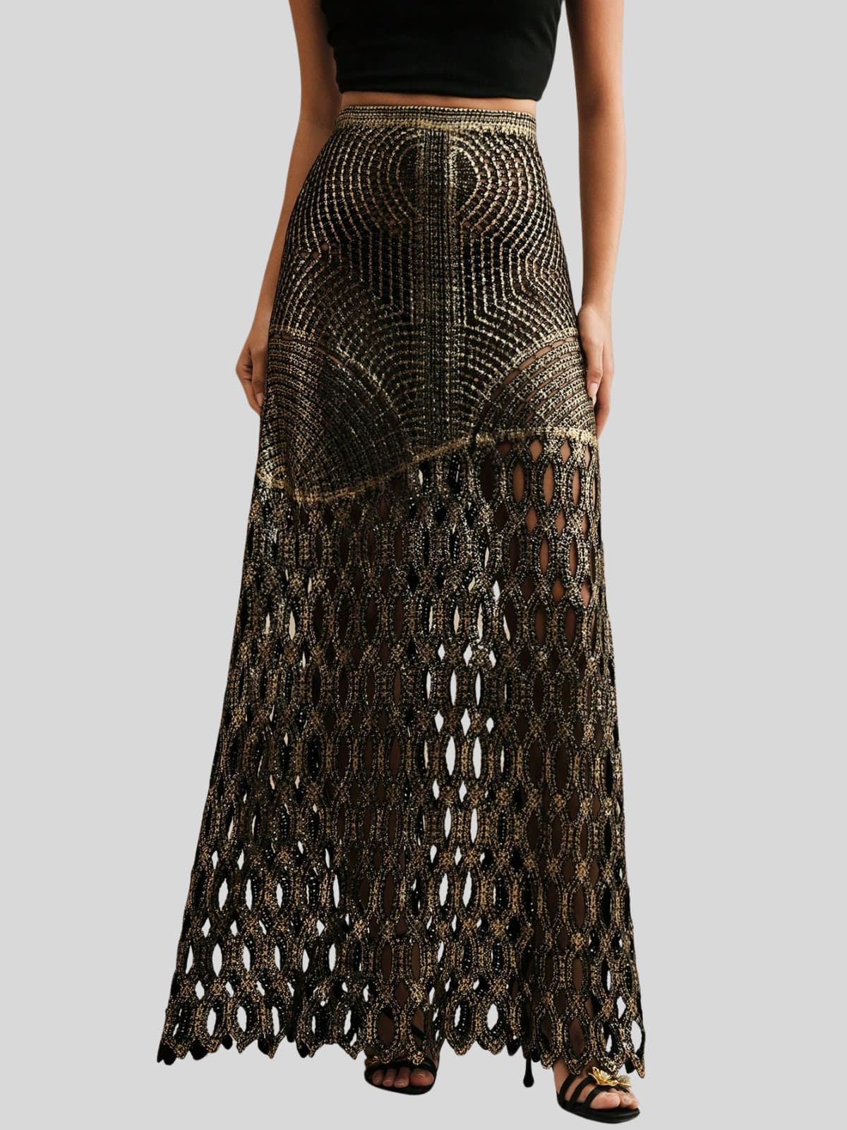 Leldrin Cutout Metallic Skirt In Black & Gold
