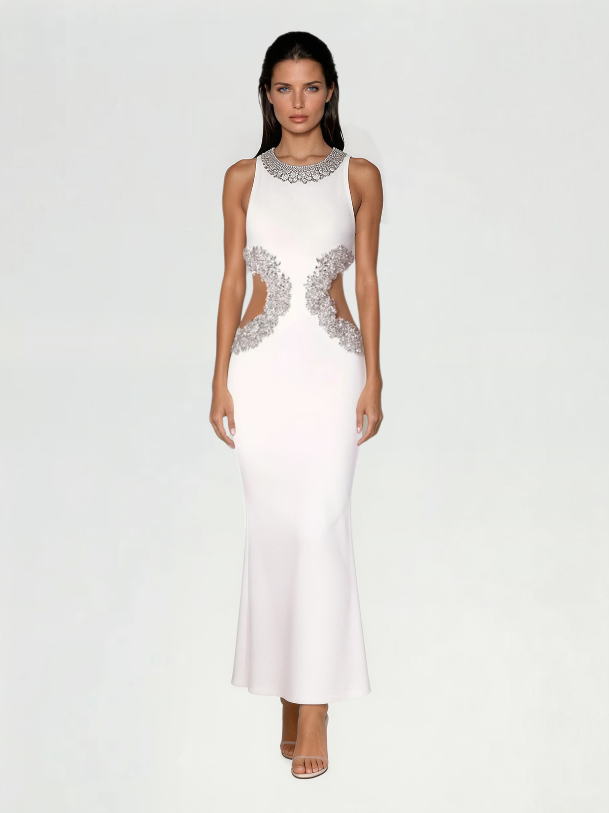 Lenticor Sleeveless Cutout Crystal Maxi Dress In White