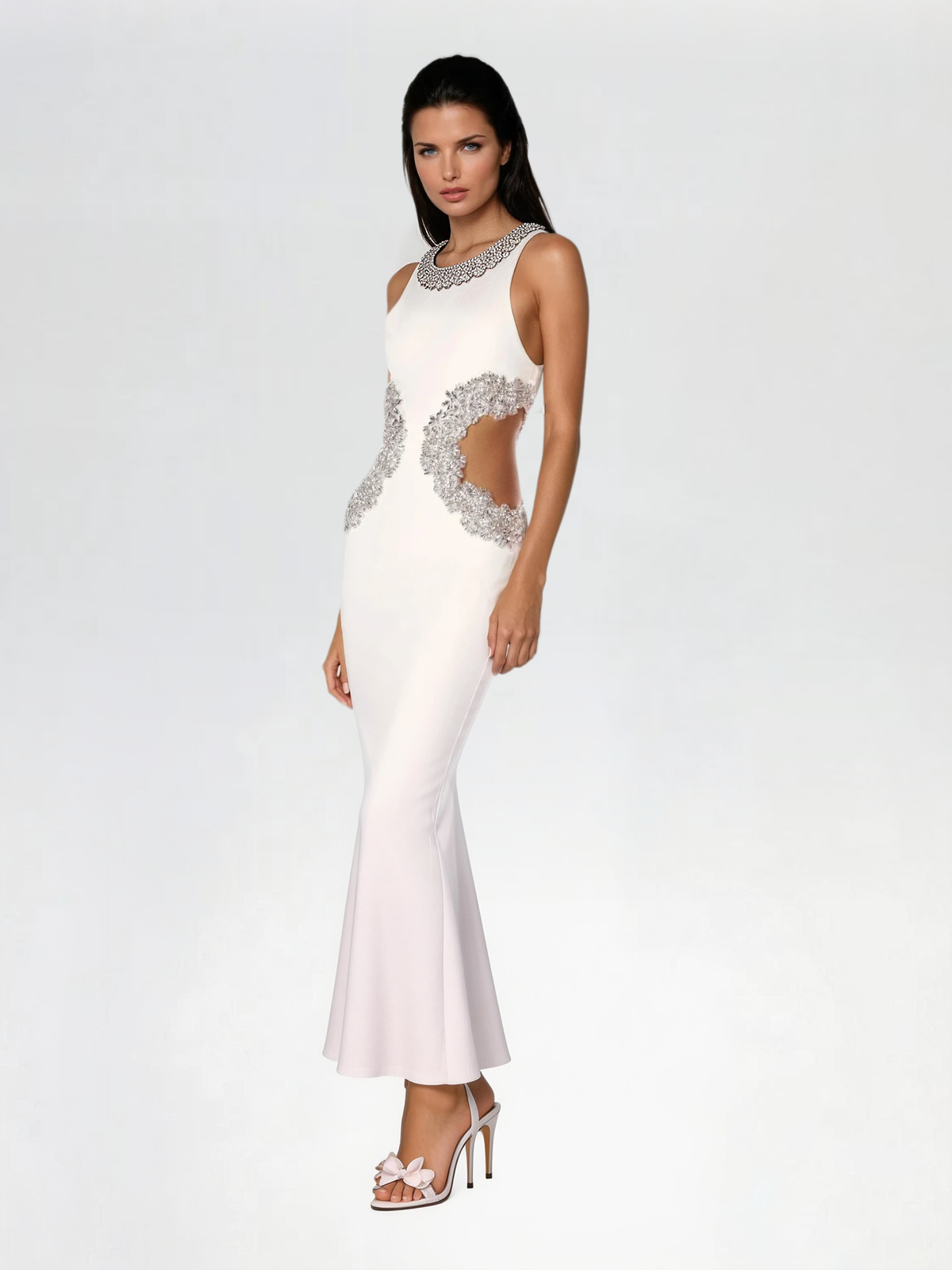 Lenticor Sleeveless Cutout Crystal Maxi Dress In White