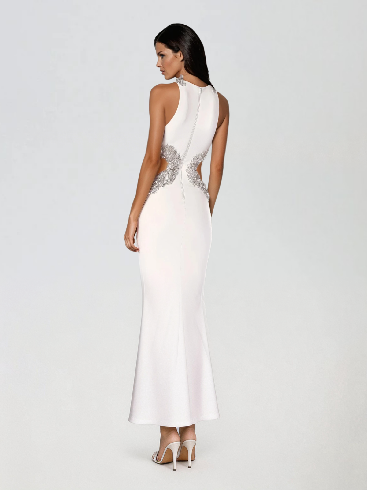 Lenticor Sleeveless Cutout Crystal Maxi Dress In White