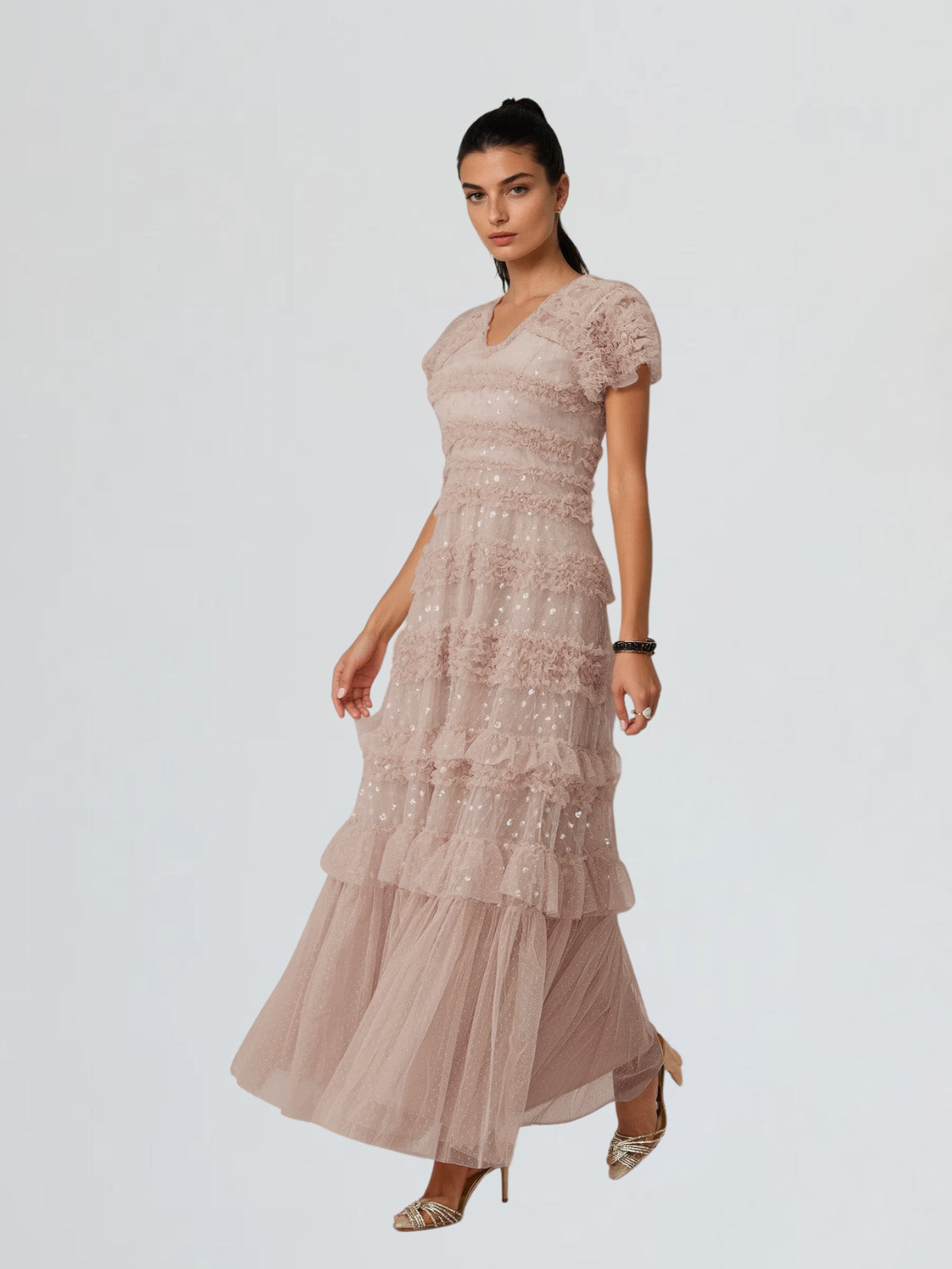 Ligandix Puff Sleeve Sequin Mesh Maxi Dress