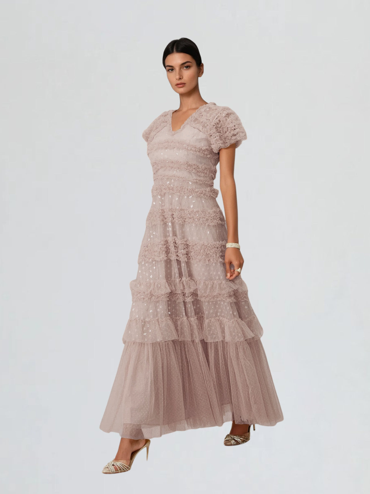 Ligandix Puff Sleeve Sequin Mesh Maxi Dress