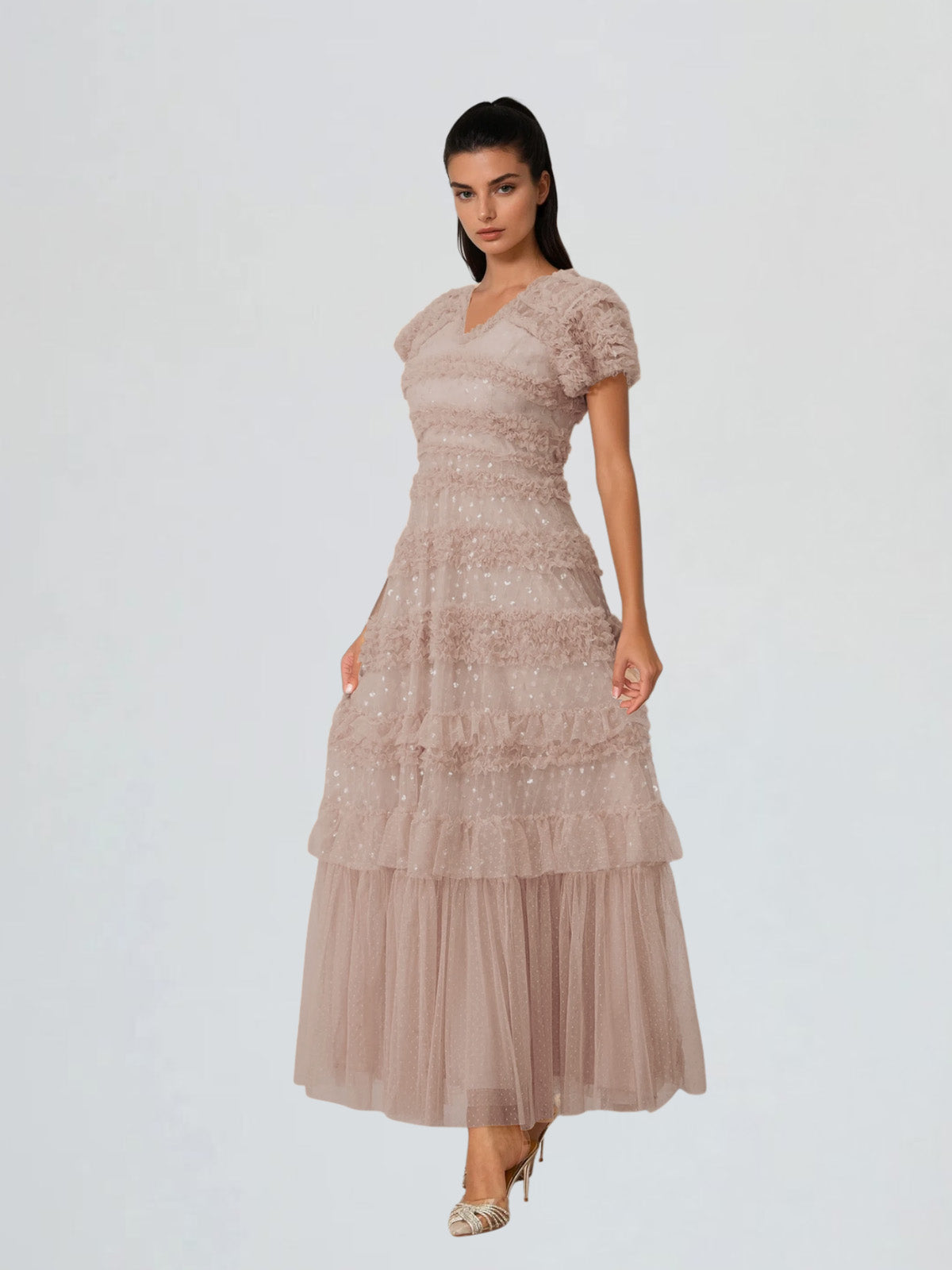 Ligandix Puff Sleeve Sequin Mesh Maxi Dress