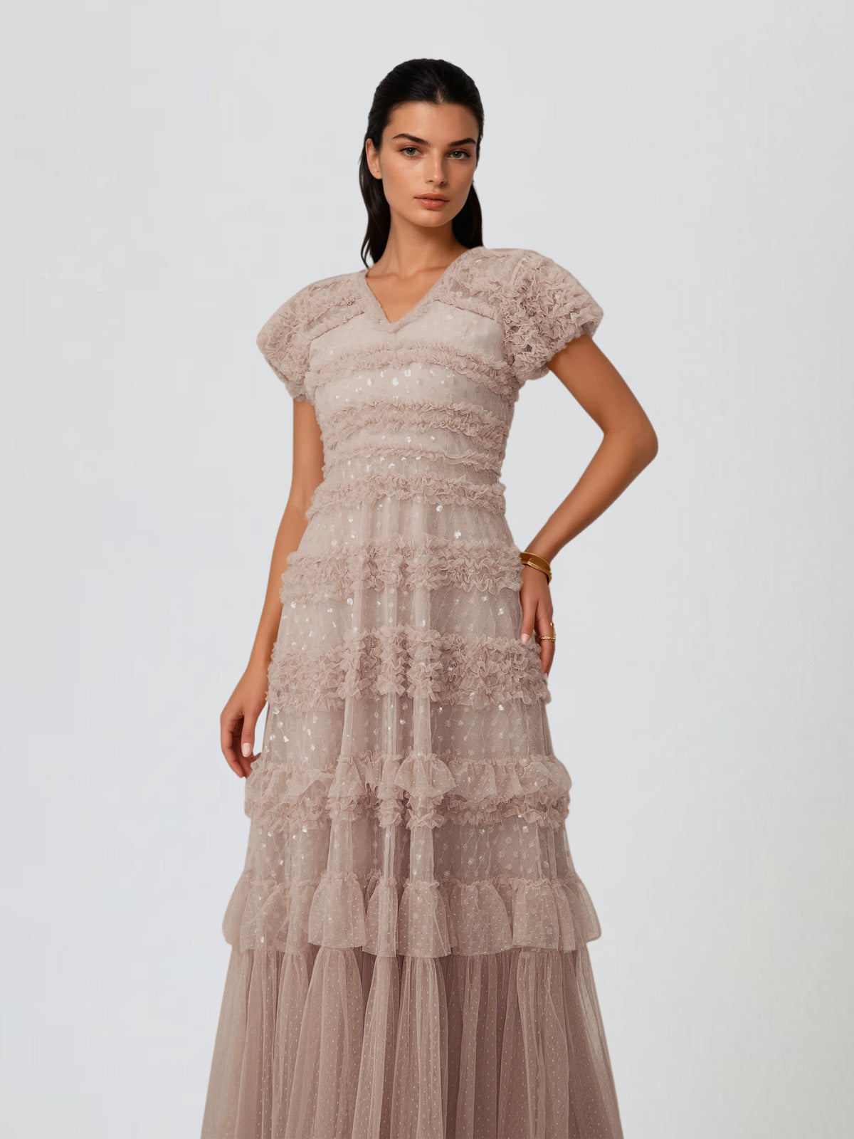 Ligandix Puff Sleeve Sequin Mesh Maxi Dress