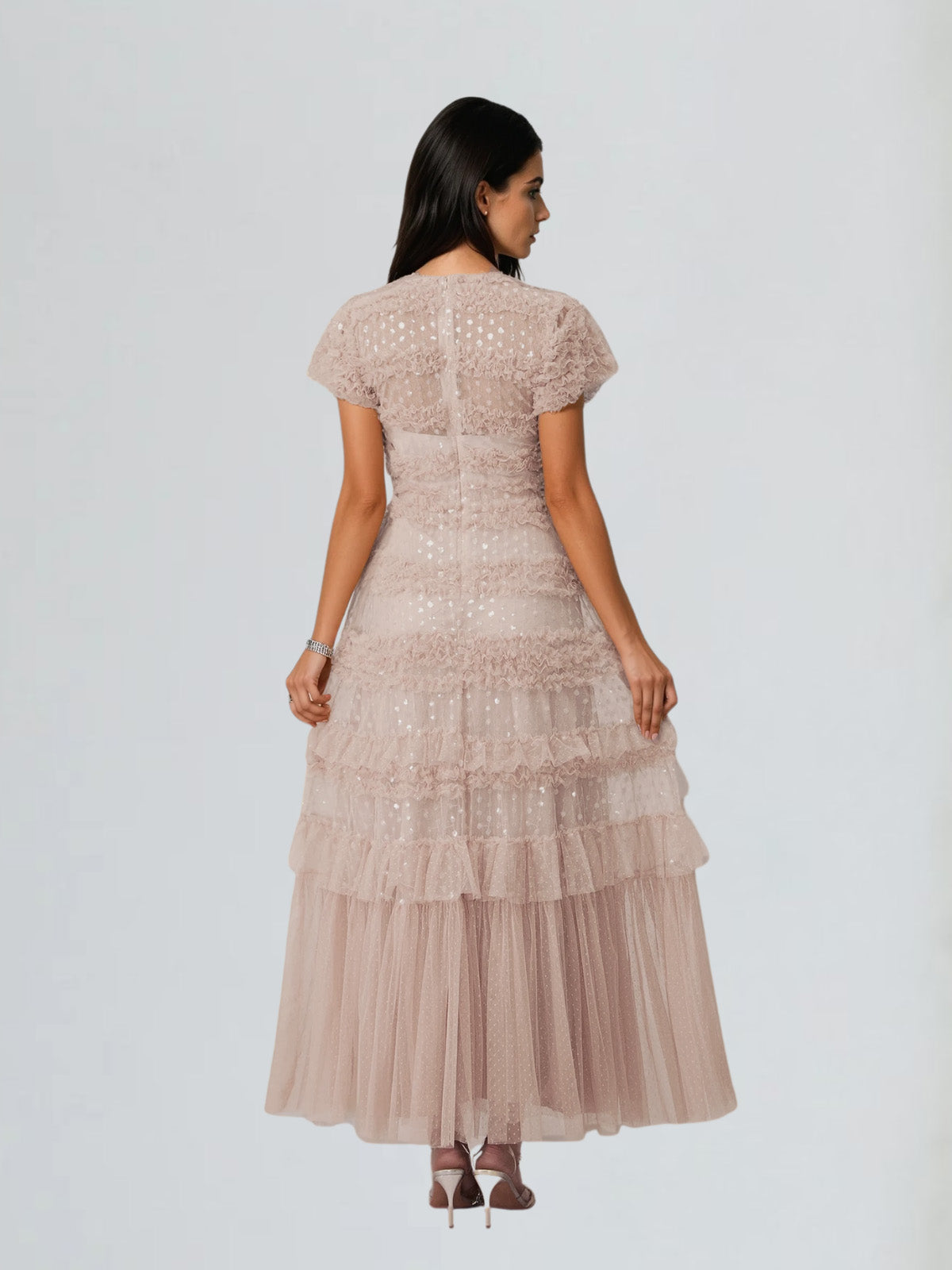Ligandix Puff Sleeve Sequin Mesh Maxi Dress