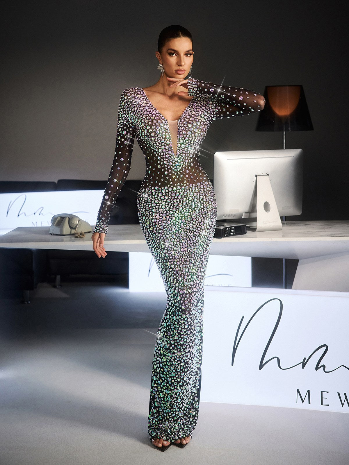 Liora Sequin Crystal Draped Split Maxi Dress