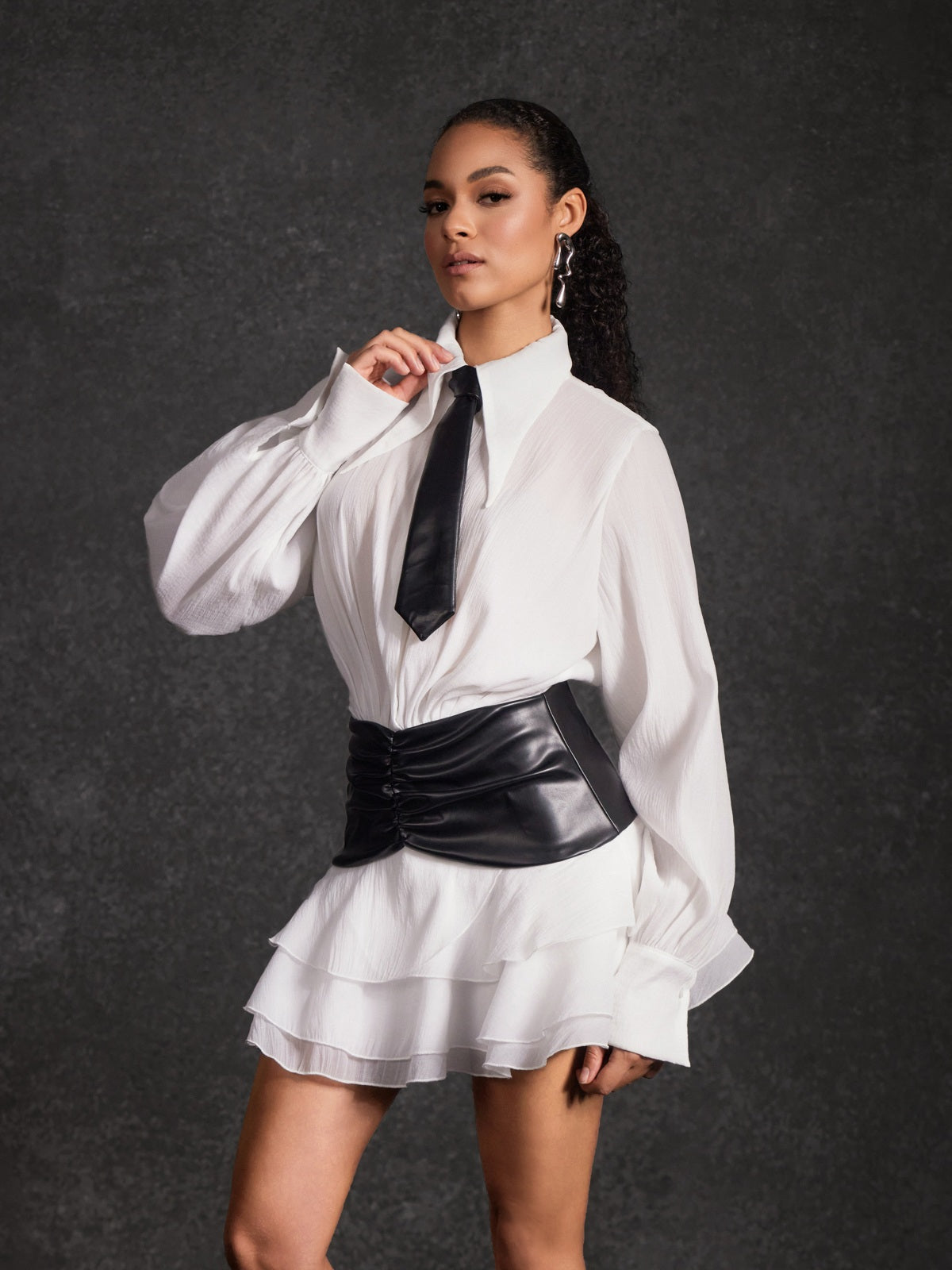 Lisandro Collar Ruched Ruffle Mini Dress In White