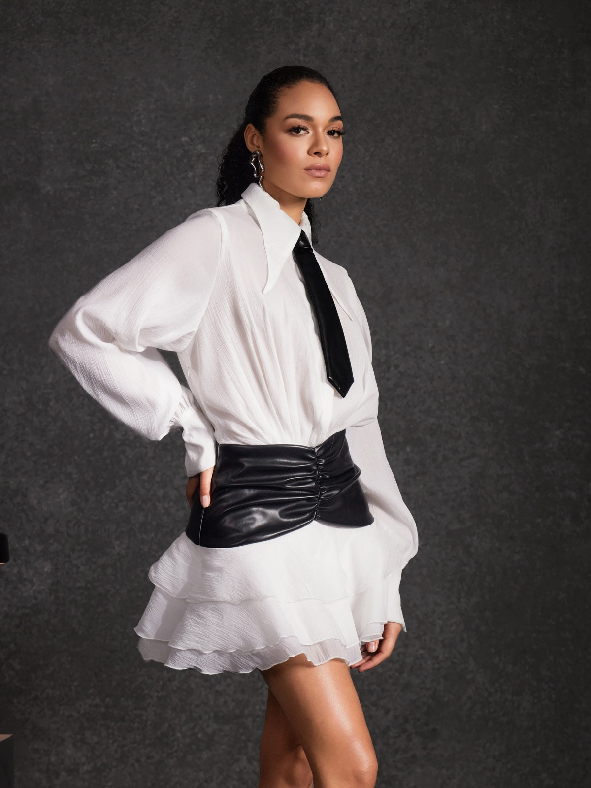 Lisandro Collar Ruched Ruffle Mini Dress In White