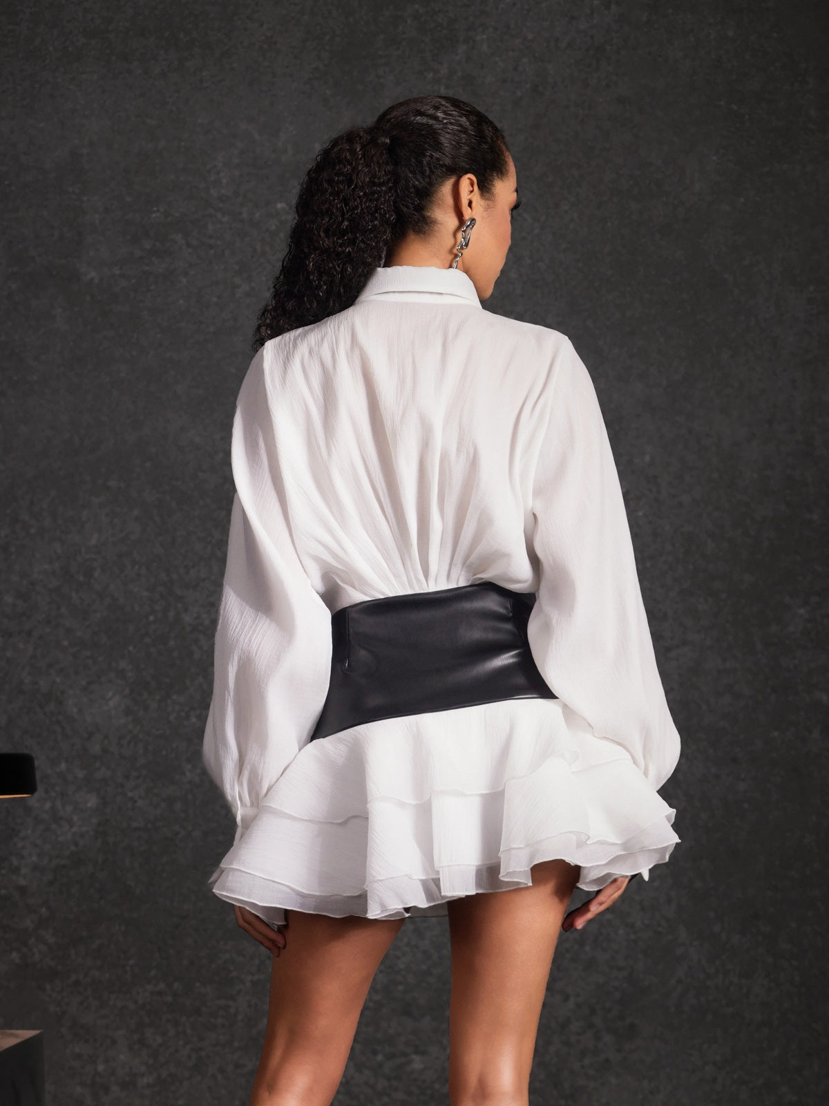 Lisandro Collar Ruched Ruffle Mini Dress In White