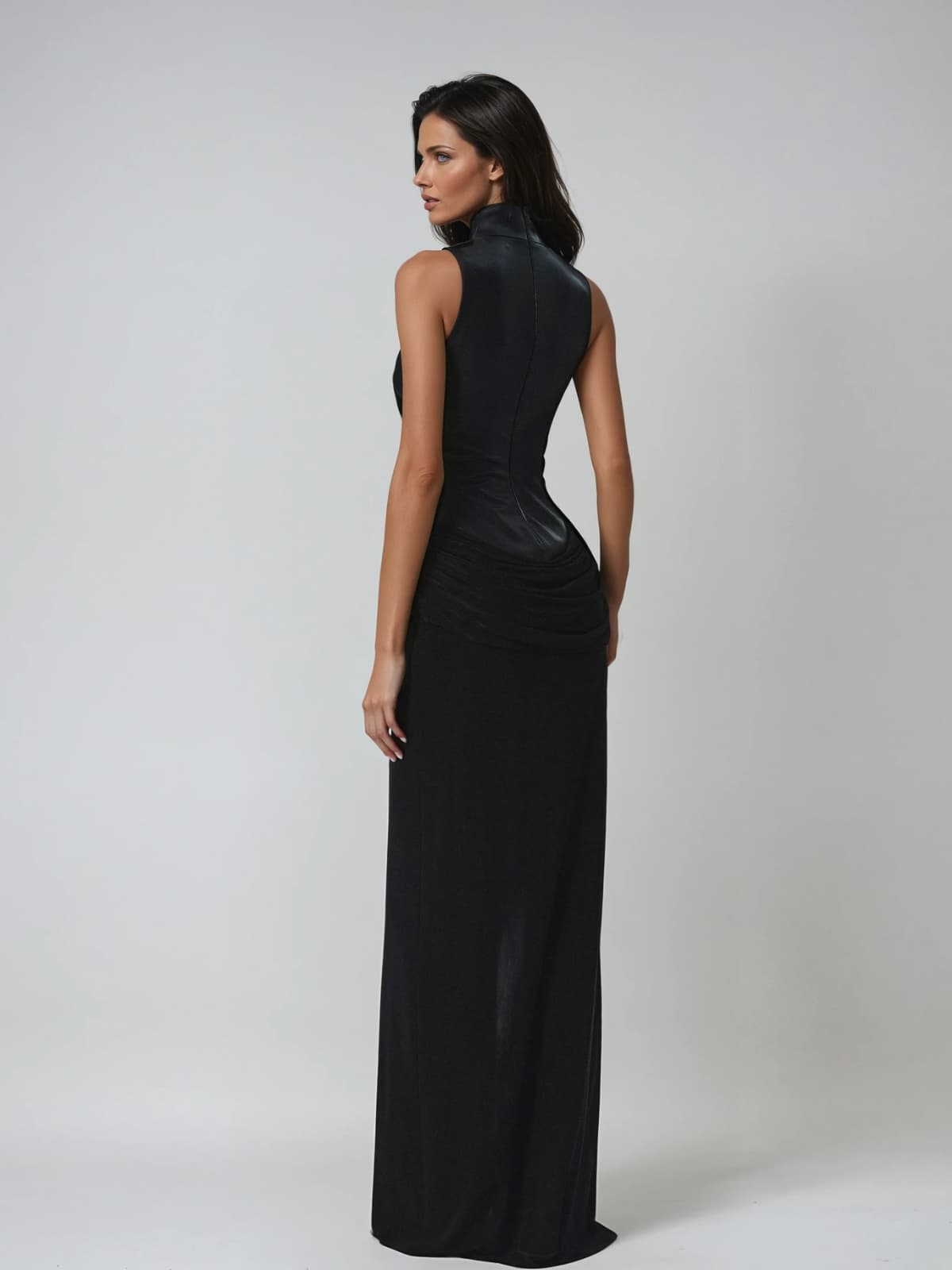 Lixora High Neck Split Leather Maxi Dress