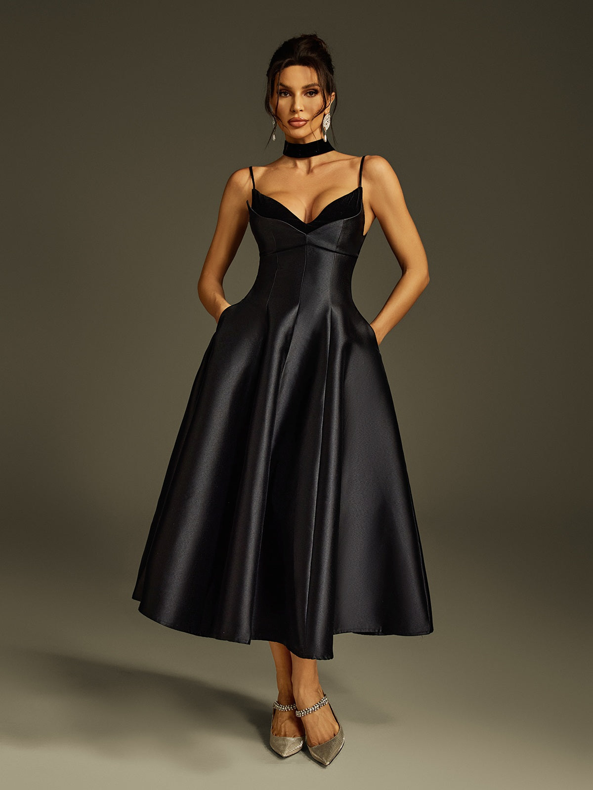Lizina Spaghetti Satin Midi Dress