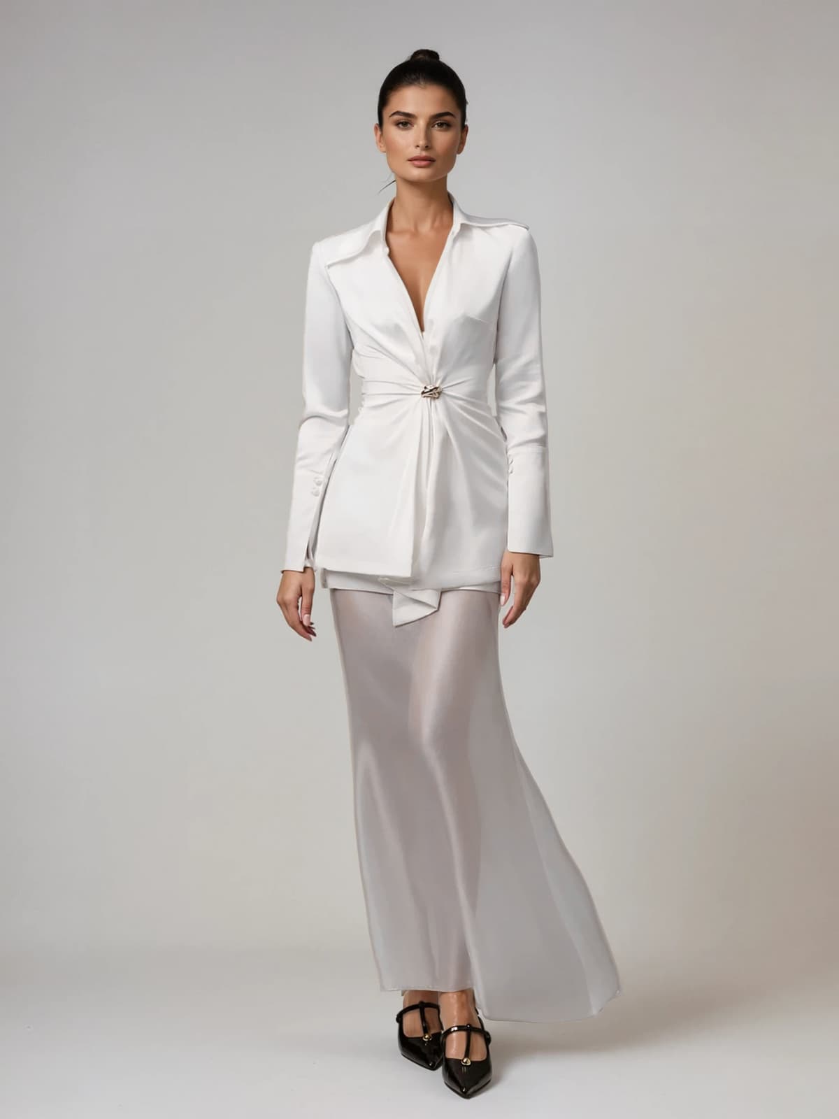 Loveloka Folded Collar Mesh Skirt Set