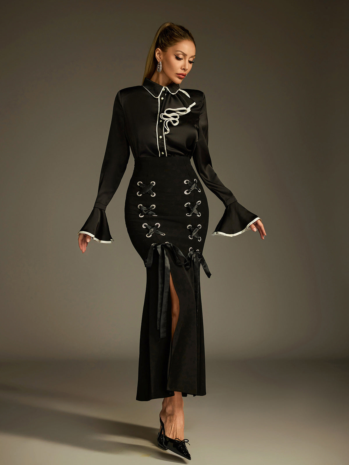 Ludwig Flare Sleeve Lace Up Skirt Set