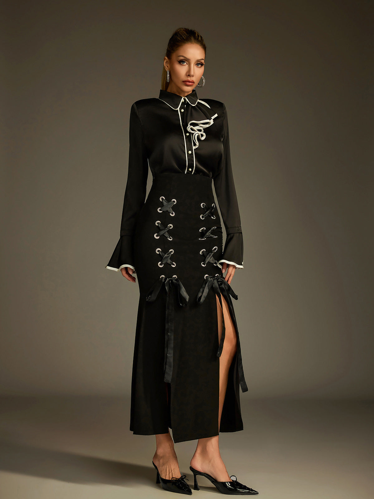 Ludwig Flare Sleeve Lace Up Skirt Set