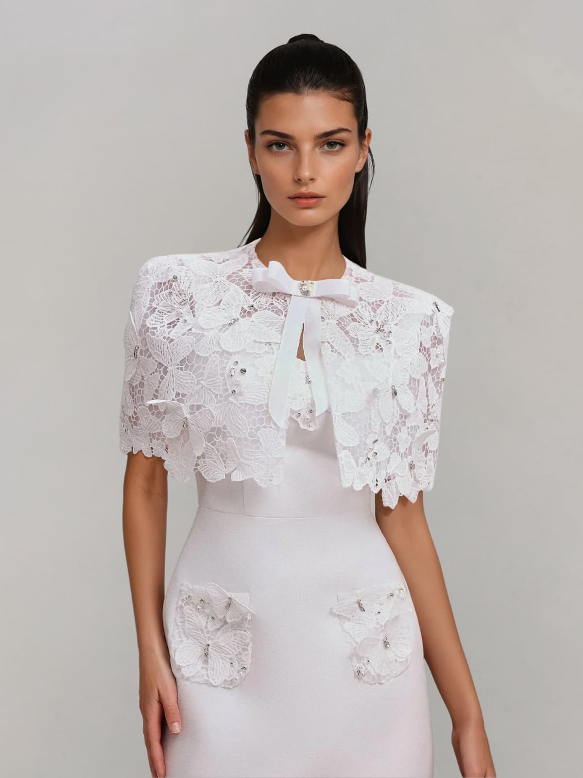 Lusev Cape Lace Butterfly Mini Dress
