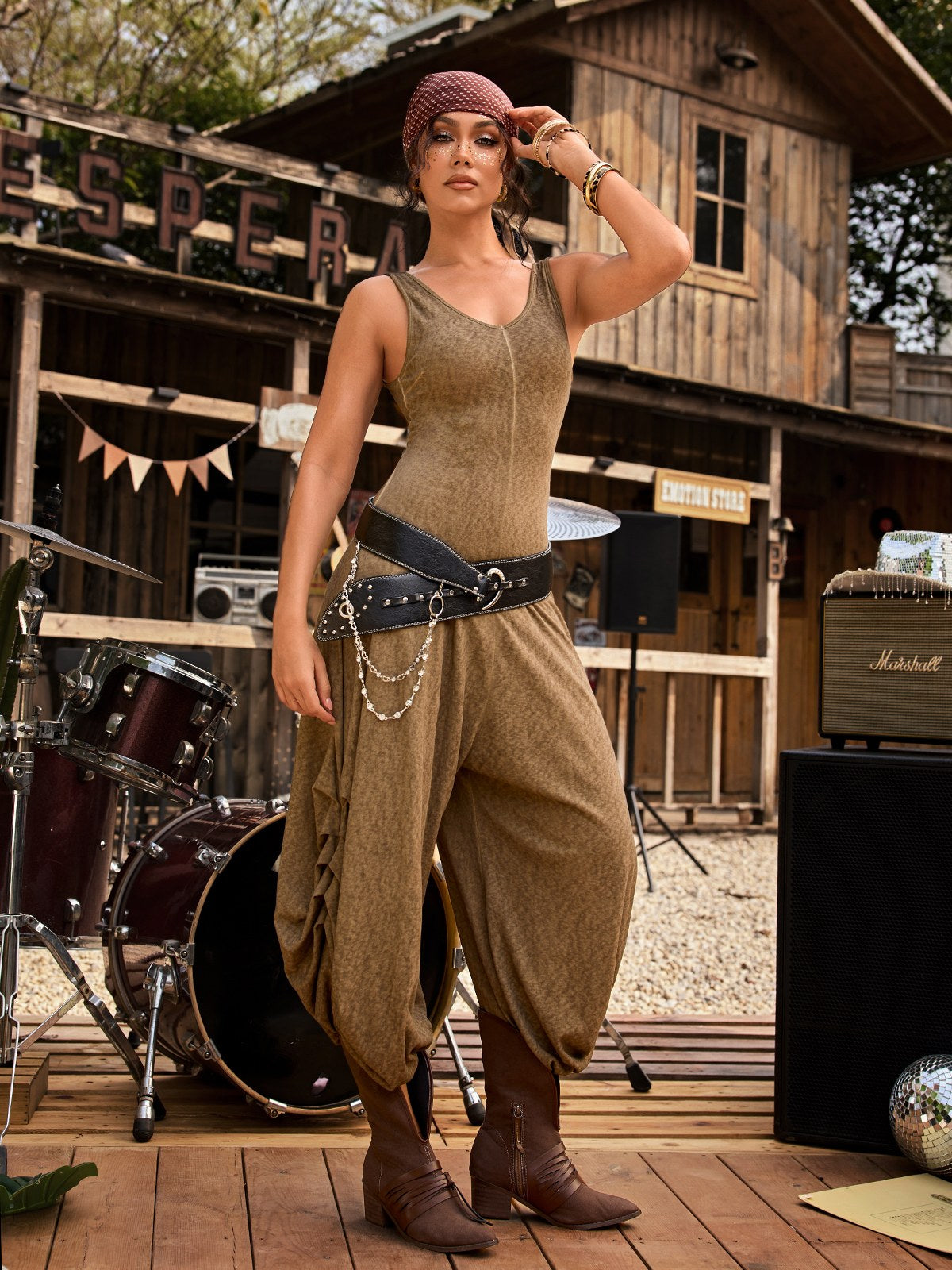 Lynorix V Neck Ruched Wide Jumpsuit