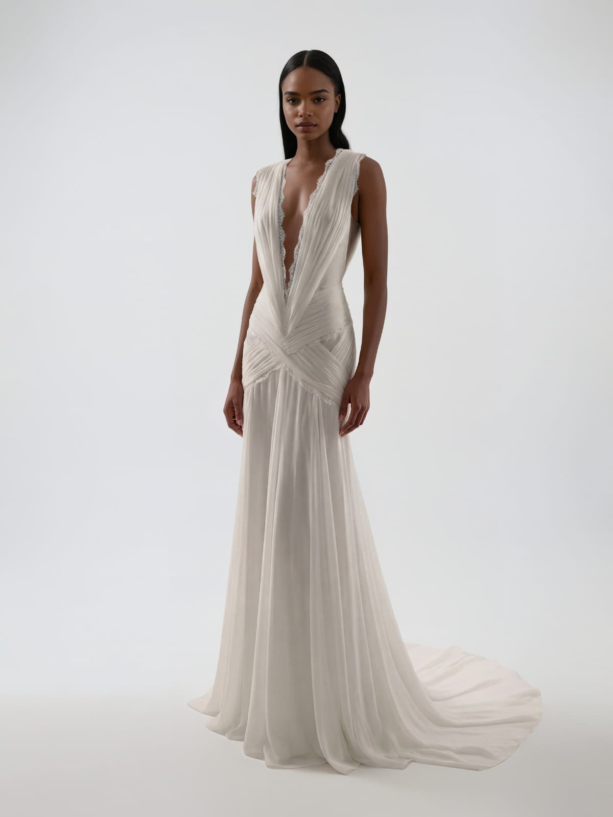 Lynoxa Plunge Neck Lace Ruched Maxi Dress