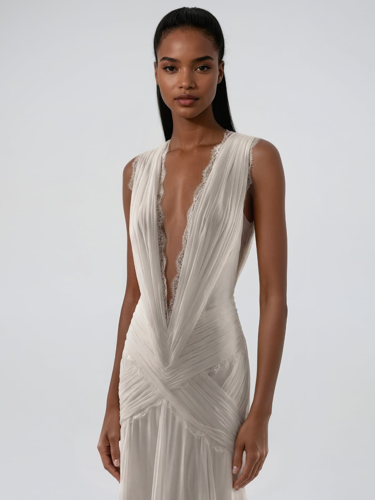 Lynoxa Plunge Neck Lace Ruched Maxi Dress